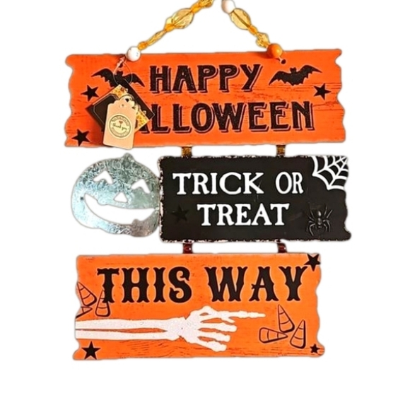 Hand Crafted Upcycled Wall Decor Happy Halloween Sign Decorative Pumpkin Black - Picture 1 of 17